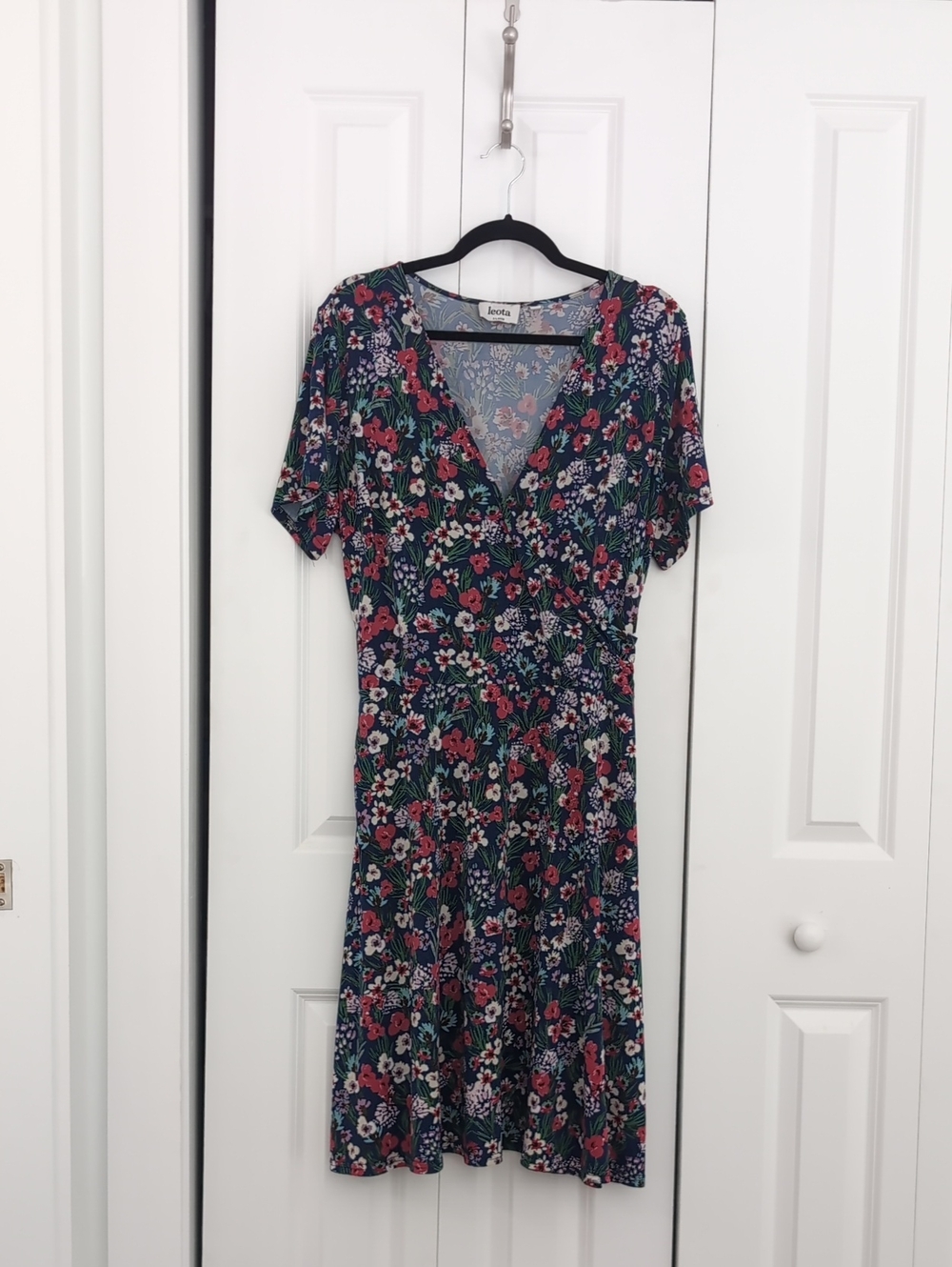 Leota Navy Floral V-Neck Faux Wrap Short Sleeve Fit-and-Flare Dress